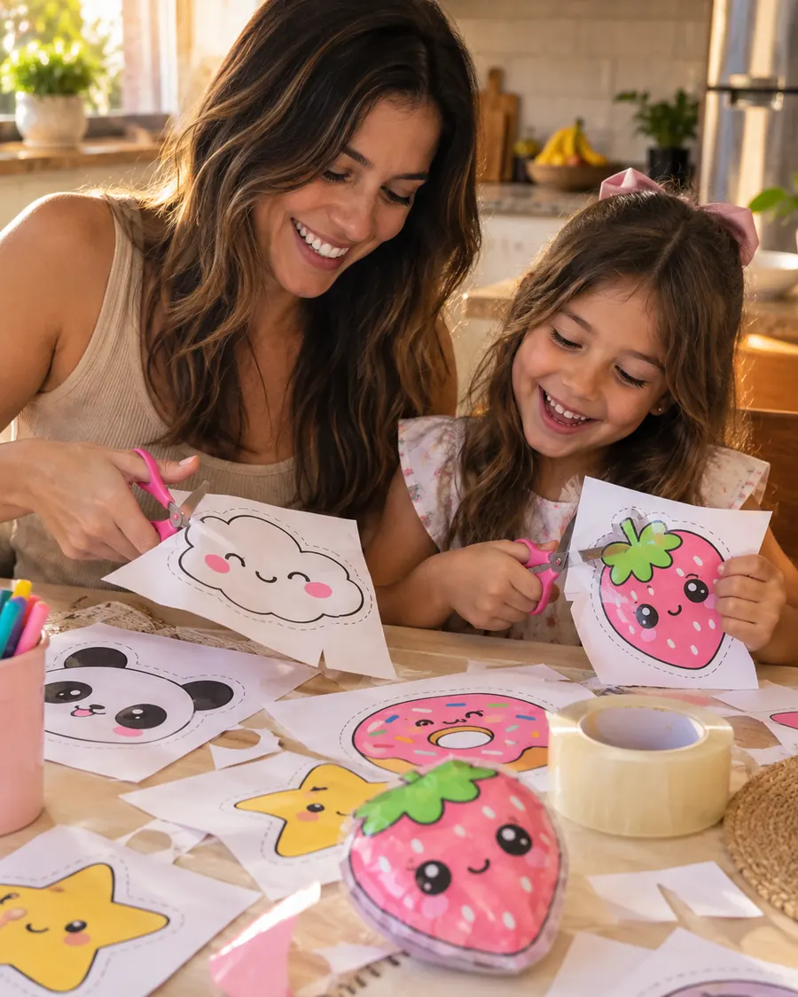 Mãe e filha recortando moldes de squishy na mesa da cozinha